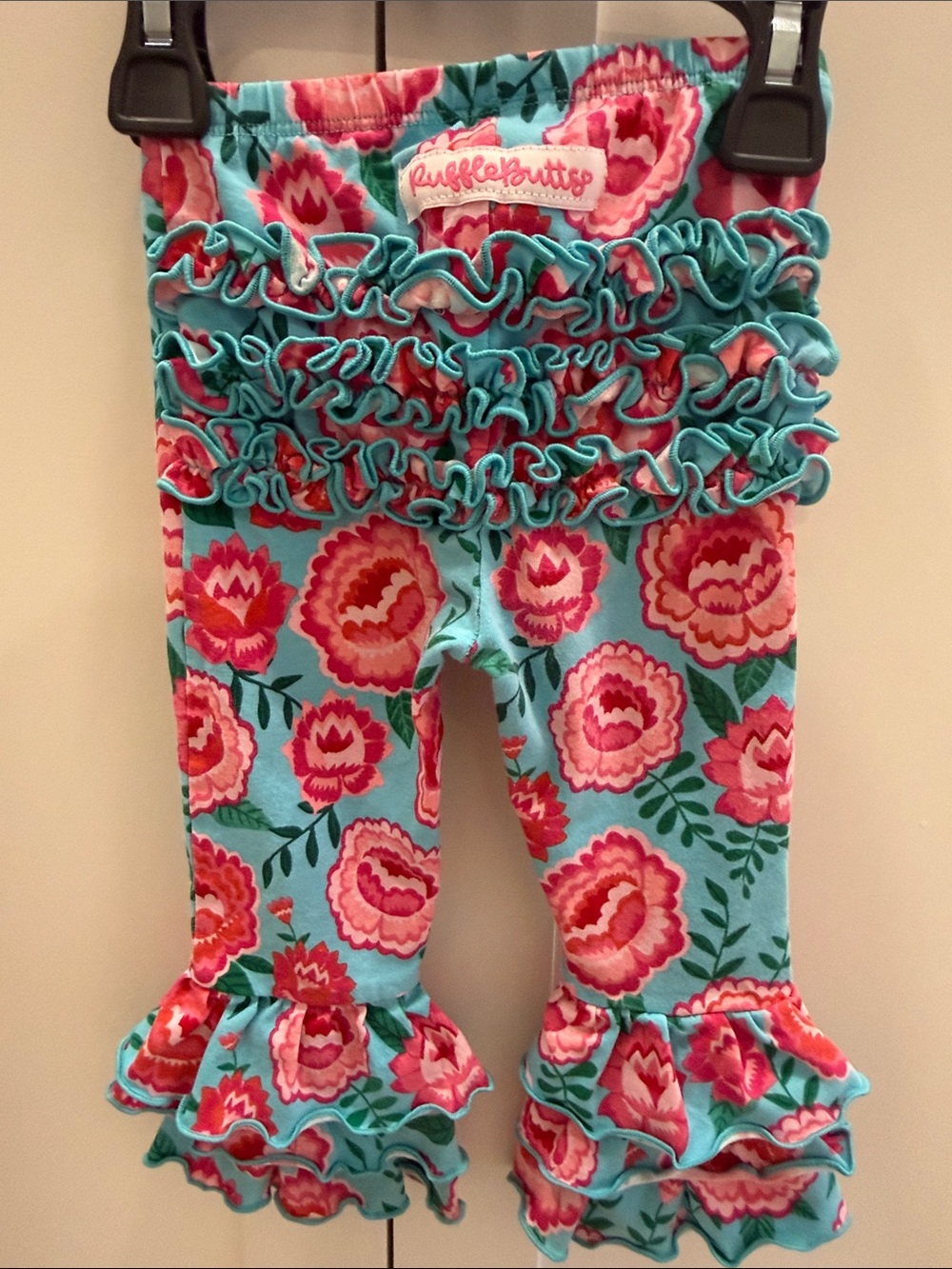 RuffleButts Flare Leggings with Pink Floral Ruffles